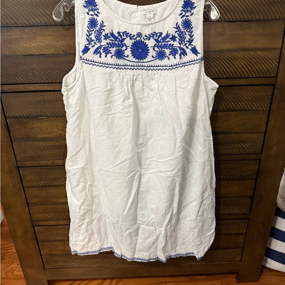 JCrew Factory White Shift Dress with Blue Embroidery